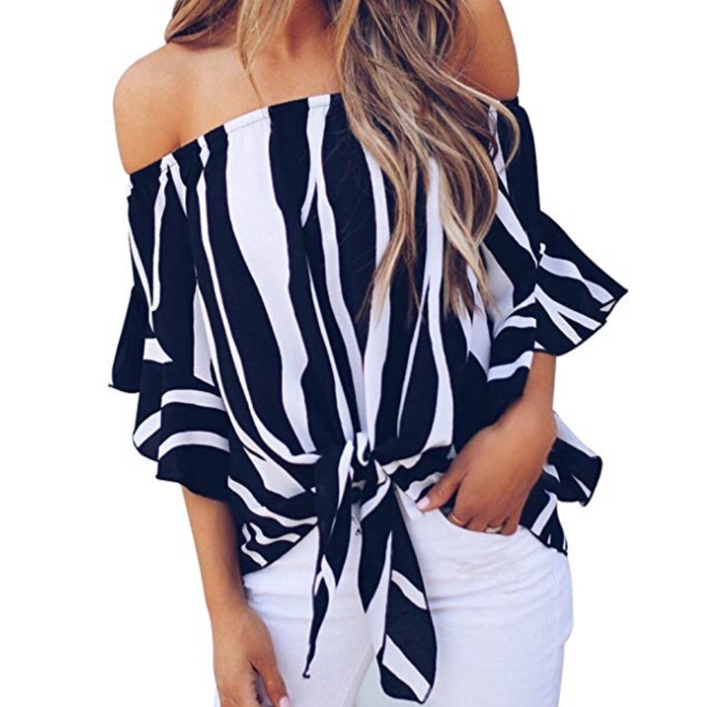 women stripes off shoulder chiffon blouse - Picture 4 of 5